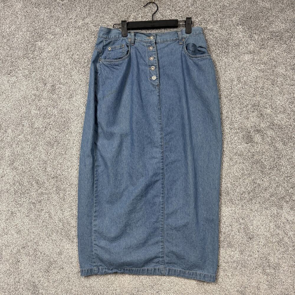 Vintage Y2K Faded Glory Skirt 16 Blue Denim Long Button Front Pockets Modest